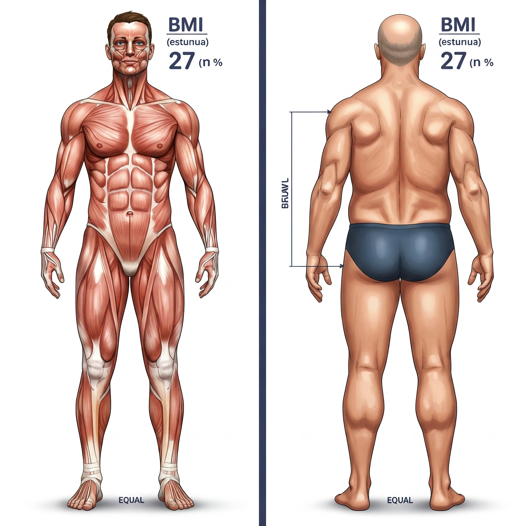 Two people with identical BMI but different body compositions showing BMI limitations