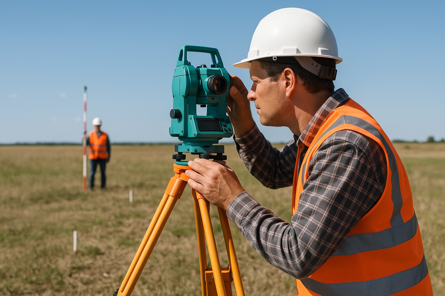 Traditional land surveying - A surveyor using a theodolite on a tripod in the field, measuring property boundaries with an assistant holding a survey rod in the distance