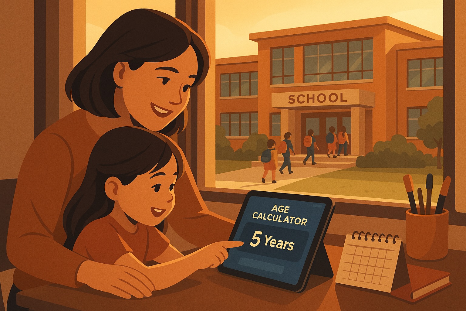 Parent helping a child use an age calculator on a tablet, with school buildings in the background
