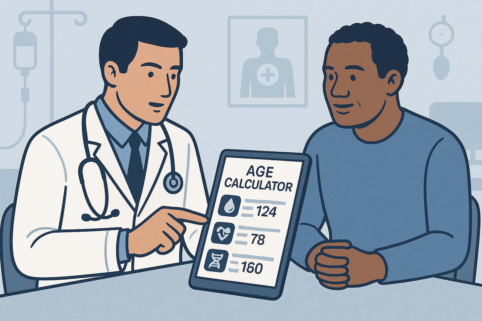 Doctor using age calculator with patient