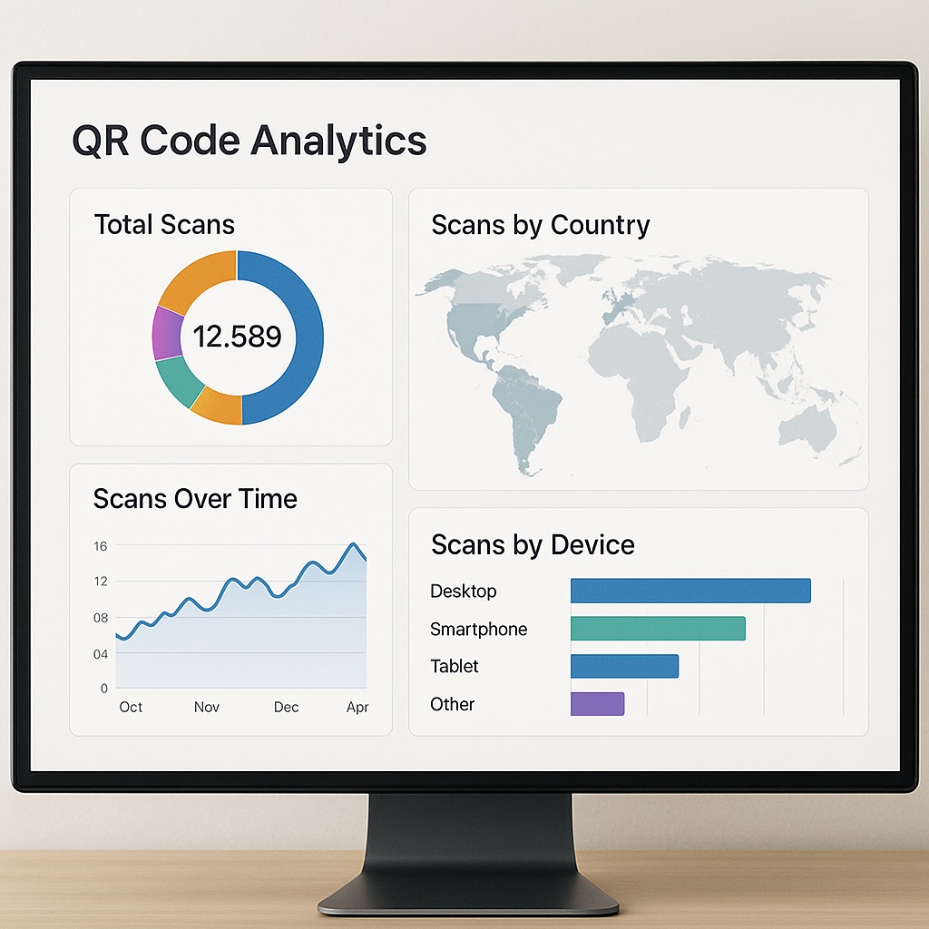 A computer or tablet screen displaying graphs, maps, and statistics about QR code scans and user behavior